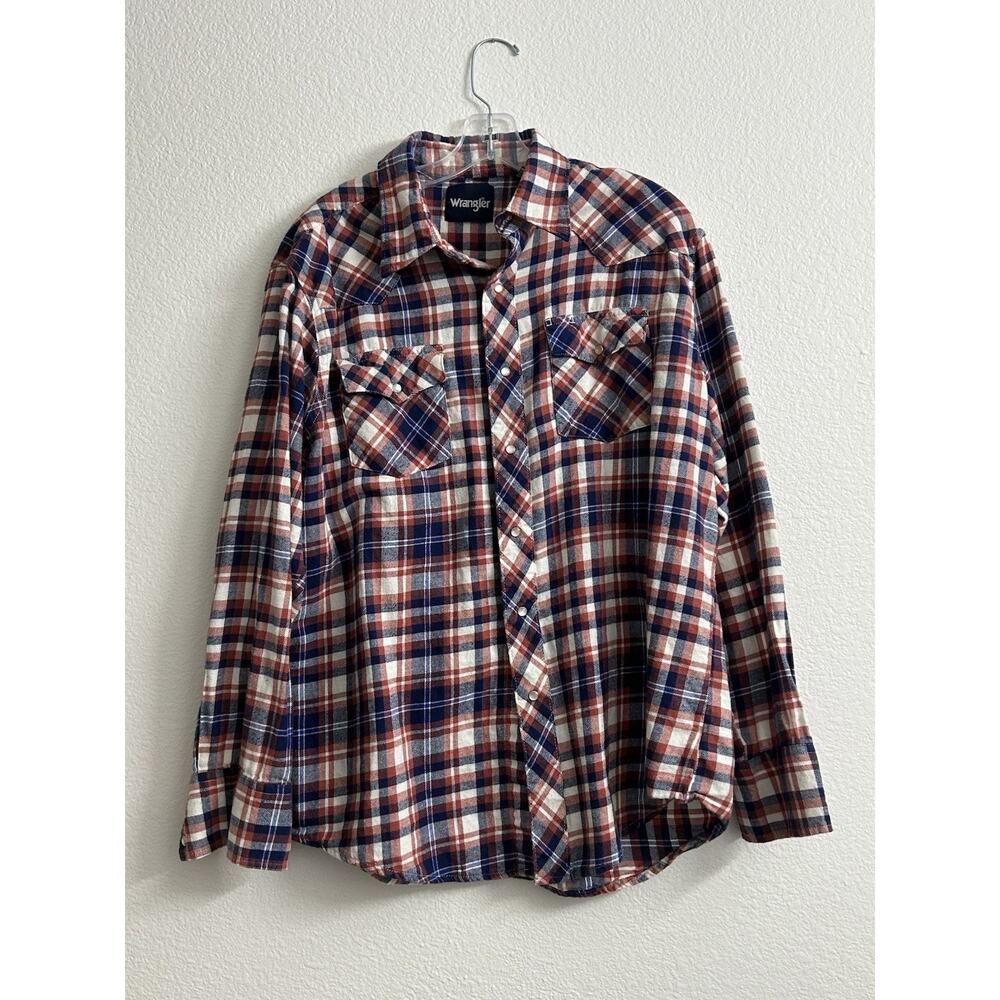 Wrangler Flannel Pearl Snap Shirt Mens Size L Long Sleeve Brushpopper Vintage